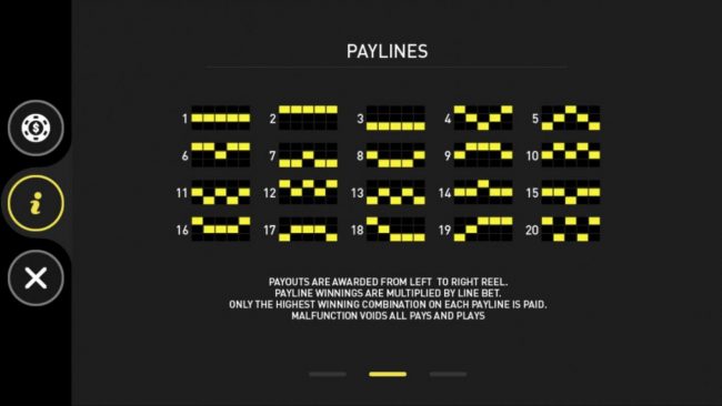 Payline  Diagrams 1-20. Payouts are awarded from left to right reel. Payline winnings are multiplied by line bet. Only highest winning combination on each payline paid.