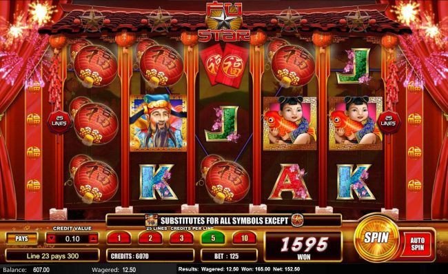 Red Lantern symbols on multiple winning paylines triggers a 1595 coin jackpot.