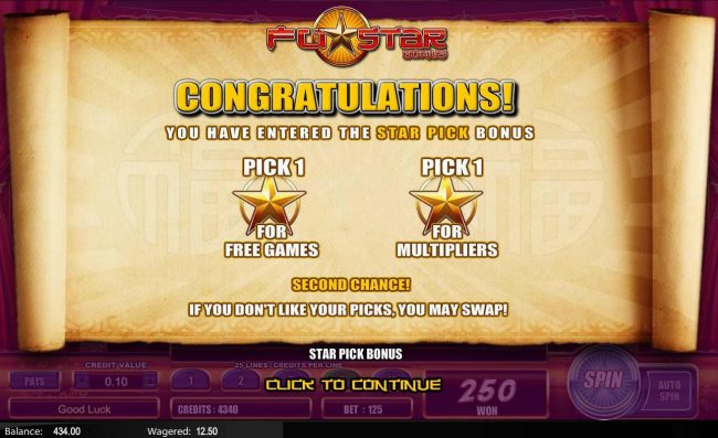 You have entered the Star Pick Bonus - Pick 1 Star of Free Games and 1 Star for Multipliers.