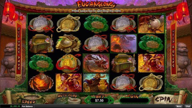 A Chinese dragon treasure themed main game board featuring five reels and 1024 winning combinations with a $15,000 max payout