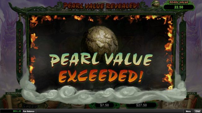 At the end of 8 free games the pearl value is revealed. If your free games win does not exceed the pearl value then free games will continue until you you do. Otherwise, free games end if the free games win total exceeds that of the pearl value.