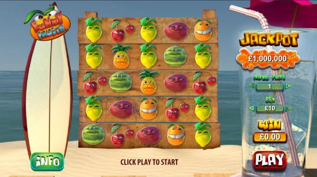 A fruit themed main game board featuring five reels and 1 payline with a $1,000,000 max payout
