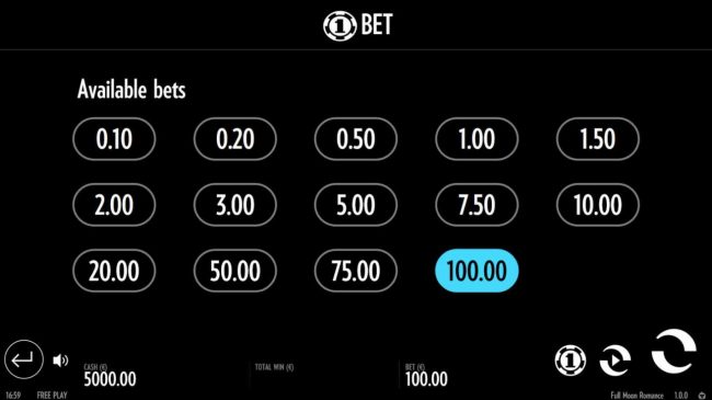 Available Bets - from 0.10 to 100.00