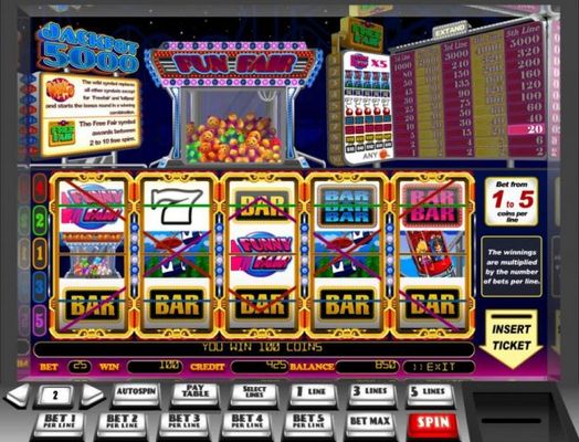 A winning Five of a Kind pays out a 100 coin jackpot.