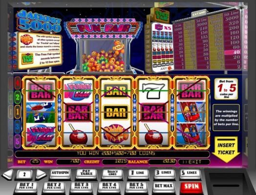 Fun Fair bonus game awards an additional 500 coins to the winning payout for a total of 700 coins.