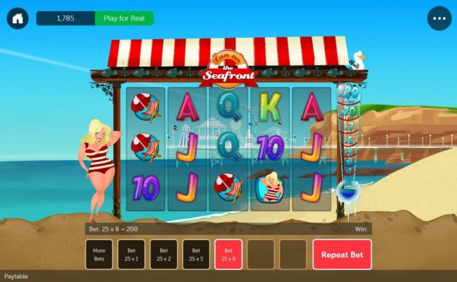 A beach holiday themed main game board featuring five reels and 4 paylines with a $4,000 max payout