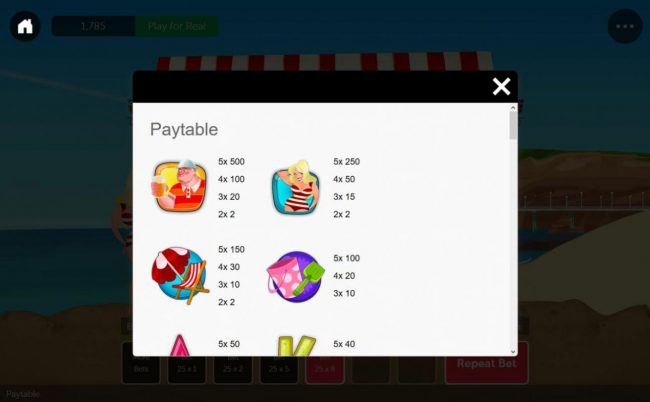 High value slot game symbols paytable featuring beach inspired icons.