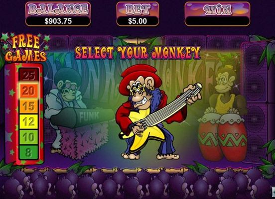 Guitar playing monkey selection leads to a 25 free game award.