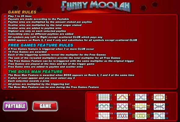 General Game Rules, Free Games Feature Rules, The Boss Man Feature Rules and Payline Diagrams 1-25.