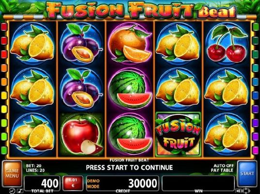 A fruit themed main game board featuring five reels and 20 paylines with a $200,000 max payout