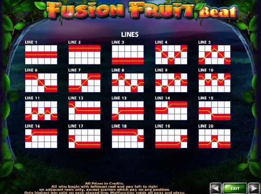 Payline Diagrams 1-20. All wins begin with the leftmost reel and pay left to right on adjacent reels only, except scatters which pay on any position.