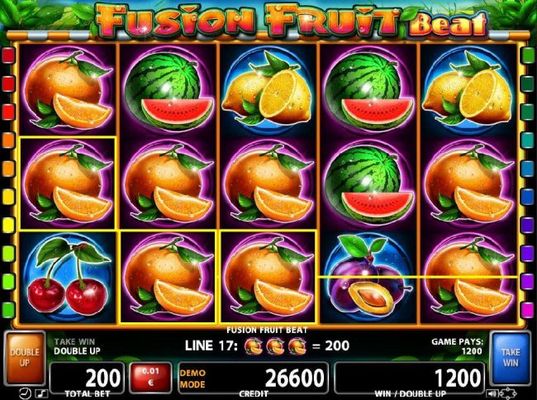 Oranges align on reels 1, 2 and 3 to fomr a pair of winning payline leading to a 1200 coin payout.