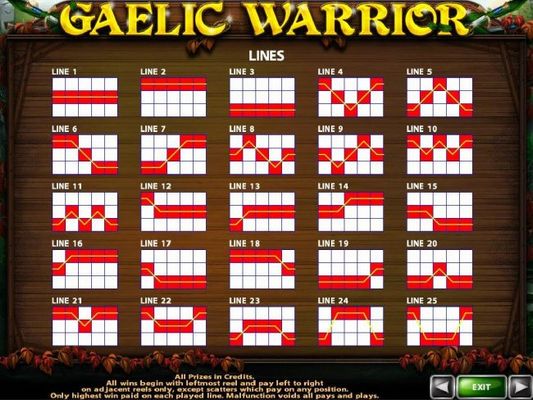 Payline Diagrams 1-25. All wins begin with the leftmost reel and pay left to right on adjacent reels only, except scatters which pay on any position.