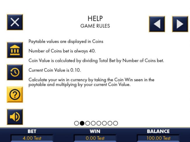 Paytable values are displayed in coins. Number of coins bet is always 40.