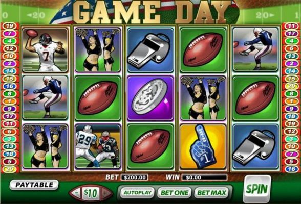 A football sports themed main game board featuring five reels and 20 paylines with a $450,000 max payout.