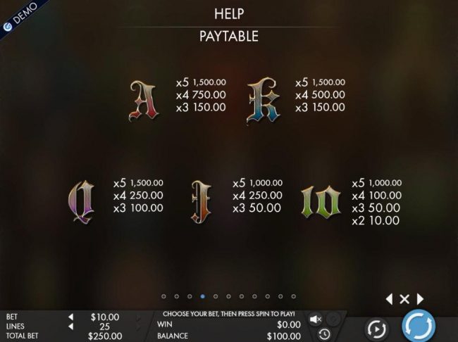 Low value game symbols paytable.