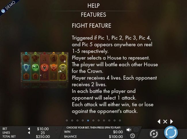 Fight Feature is triggered when all 5 clans appear anywhere on reels 1-5 respectively.