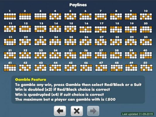 Payline Diagrams 1-50 and Gamble feature game rules.