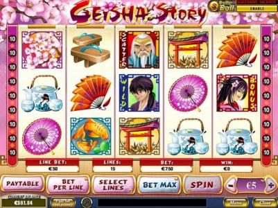 Main game board featuring five reels and 15 paylines with a $10,000 max payout
