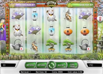 the free spins featre paid out a total of 490 coins for a big win