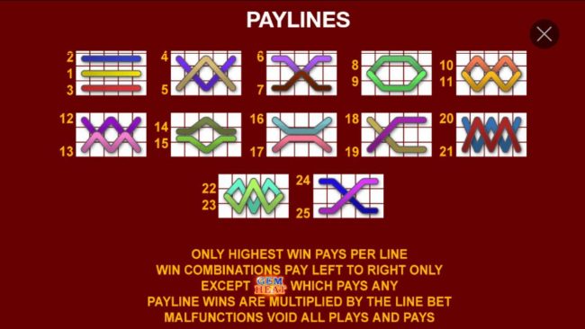 Payline Diagrams 1-25. Only highest win pays per line. Win combinations pay left to right only, except scatter which pays any. Payline wins are multiplied by the line bet.