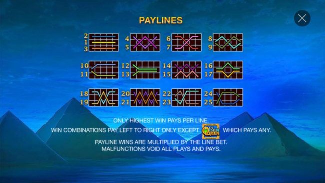 Payline Diagrams 1-25. Only the highest win pays per line. Win combinations pay left to right except scatter symbols which pay any. Payline wins are multiplied by line bet.