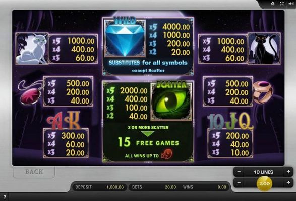 Slot game symbols paytable featuring feline inspired icons.