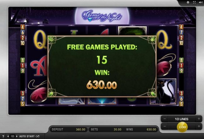 After playing 15 free games, total payout 630.00.