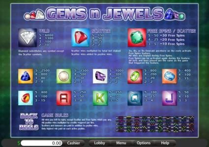 game rules, payline diagrams, wild, scatter, free spins and slot game symbols paytable