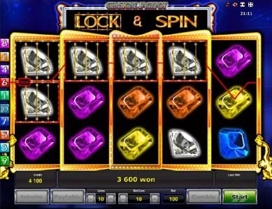 Lock and spin triggers a respin and additional winnings for a total payout of 3600 coins.