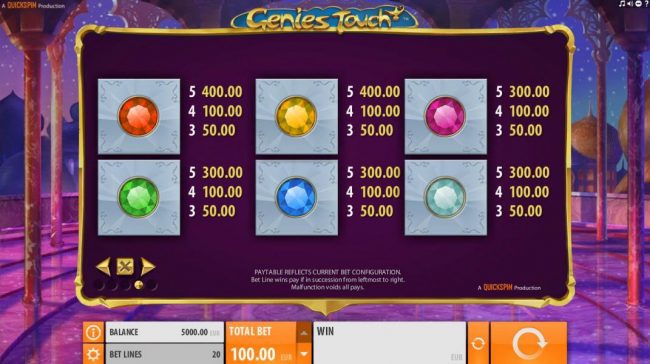Low value game symbols paytable - consisting of various colored gem stones.