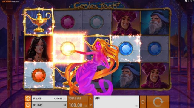 During the Genies Touch feature, the Genie will appear and select a symbol thus changing all selected symbols into that one creating the best possible winning combination.
