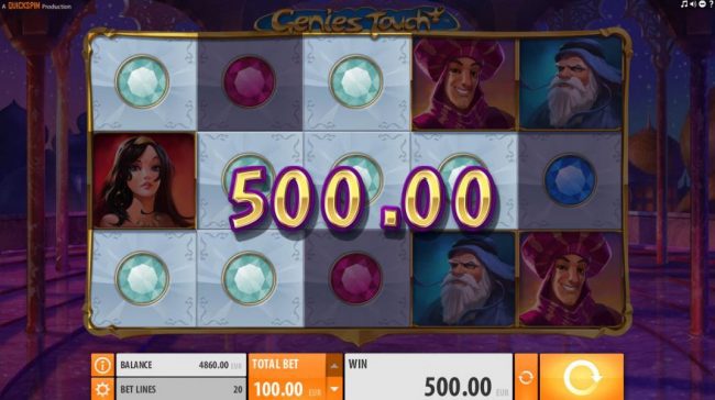 A 500.00 big win is triggered by the Genies Touch feature.