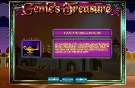 Lamp Picking Bonus - Any 3 or more scatter lamp symbols start the second screen picking bonus.