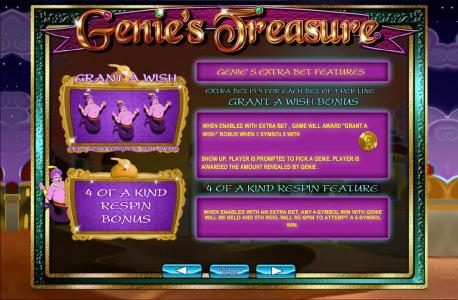 Genies Extra bet Features - Grant a wish bonus and 4 of a Kind Respin Feature
