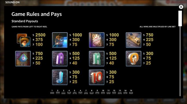 Slot game symbols paytable and Payline Diagrams 1-15.
