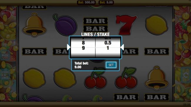 Click the stakes and Lines button to change the coin value or lines played