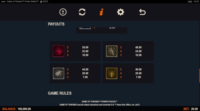 Game of Thrones Power Stacks :: Paytable - Low Value Symbols