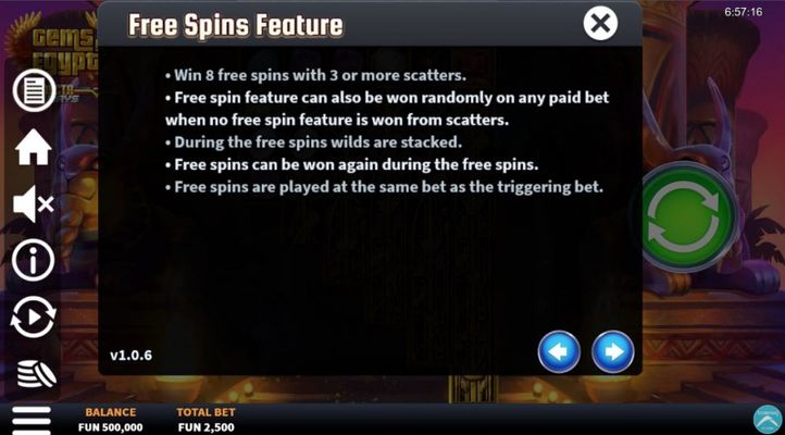 Gems of Egypt Connecta Ways :: Free Spin Feature Rules