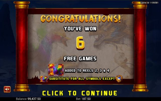 6 free spins awarded