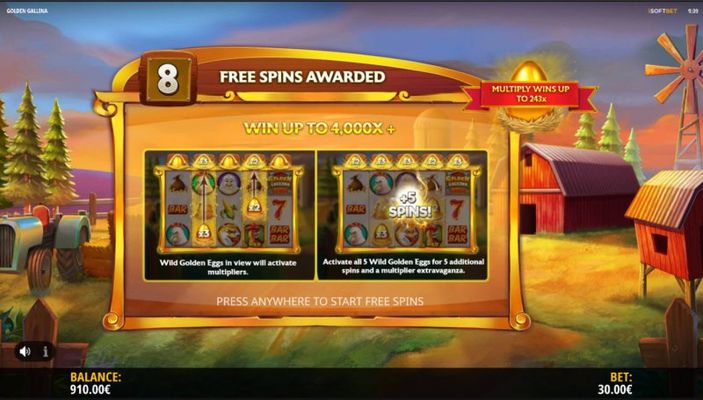 8 free spins awarded