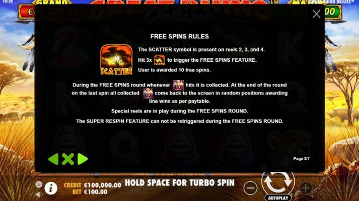 Great Rhino Deluxe :: Free Spins Rules