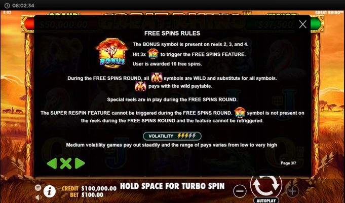 Great Rhino :: Free Spins Rules