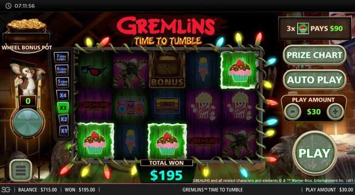 Gremlins Time to Tumble :: A three of a kind win