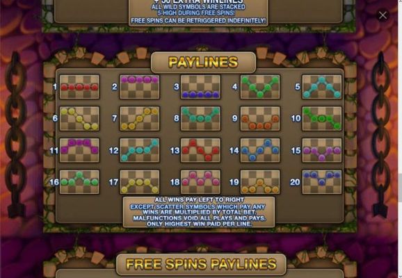 Payline Diagrams 1-20. All wins pay left to right, except scatter symbols which pay any.