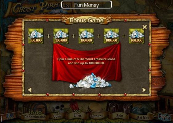 Spin a line of 5 diamond treasure icons and win up to 100,000.00