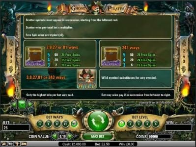 Ghost Pirates slot game scatter and wild payout table