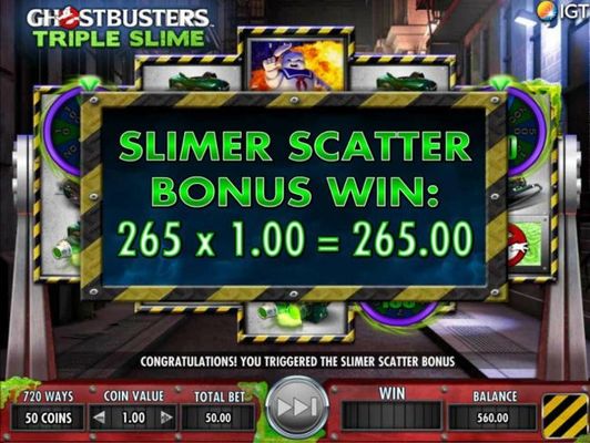 Slimer Scatter Bonus awards a 265.00 jackpot