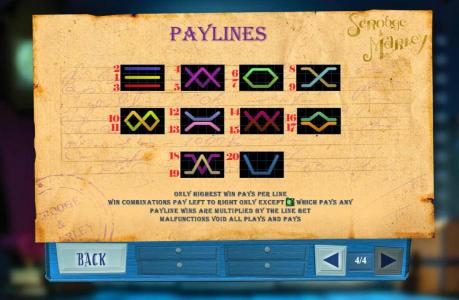 Payline Diagrams 1-20. Only highest win pays per line. Win combinations pay left to right only except rose scatter symbol which pay any. Payline wins are multiplied by the line bet.