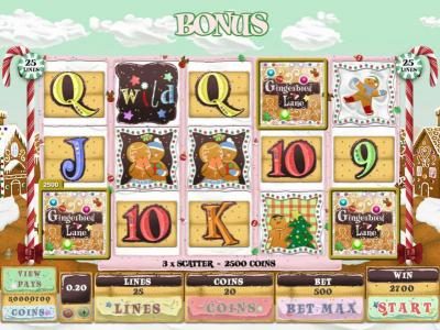 Three scatter symbols trigger a 2500 coin payout and the bonus feature.